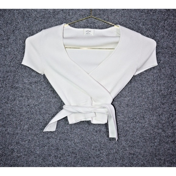 Aritzia Wilfred Shirt Women XS White Ribbed Crop V Neck Cap Sleeve Tie Up EUC - Picture 1 of 5